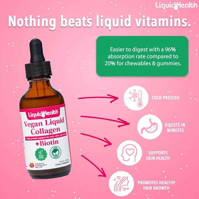 LIQUIDHEALTH 100% Vegan Collagen Plus Biotin 100,000mcg Liquid Drops - Plant-Based Liquid Collagen for Women, Men - Hair & Nail Growth, Skin Health, Boosts Metabolism - Non-GMO, Sugar Free (3 Pack)