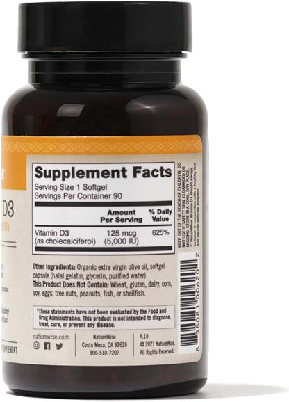 NatureWise Vitamin D3 5000iu (125 mcg) Healthy Muscle Function, and Immune Support, Non-GMO, Gluten Free in Cold-Pressed Olive Oil, Packaging Vary ( Mini Softgel), 90 Count