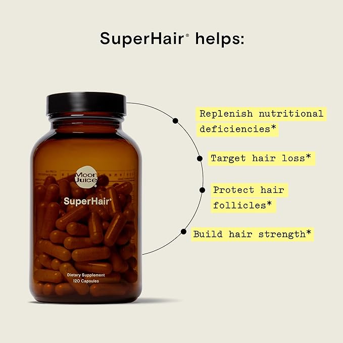 Moon Juice - SuperHair - Bottle (120 Capsules) - Hair Growth Vitamins - Multivitamins & Organic Ashwagandha - Reusable Glass Bottle - 3rd Party Tested - 100% Traceable - Vegan, Gluten Free, Non GMO