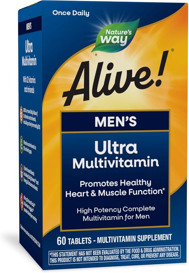 Nature's Way Alive! Men's Daily Ultra Multivitamin, High Potency Formula, Promotes Healthy Heart & Muscle Function*, with Methlyated B12, Gluten Free, 60 Tablets (Packaging May Vary)