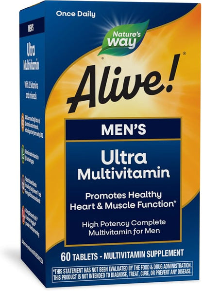 Nature's Way Alive! Men's Daily Ultra Multivitamin, High Potency Formula, Promotes Healthy Heart & Muscle Function*, with Methlyated B12, Gluten Free, 60 Tablets (Packaging May Vary)