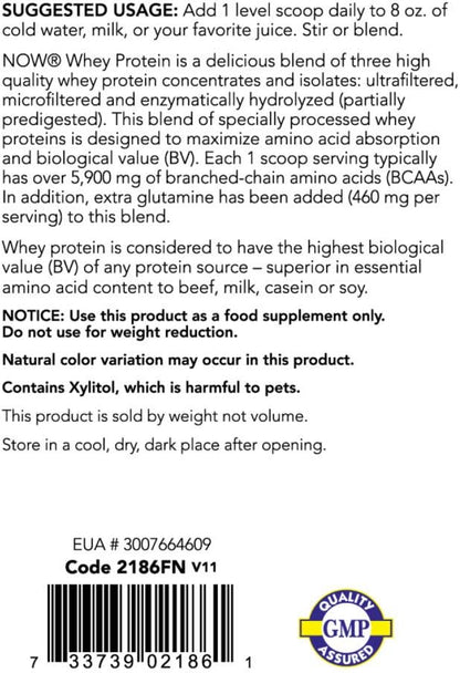 NOW Sports Nutrition, Whey Protein, 26 g With BCAAs, Creamy Vanilla Powder, 6-Pound