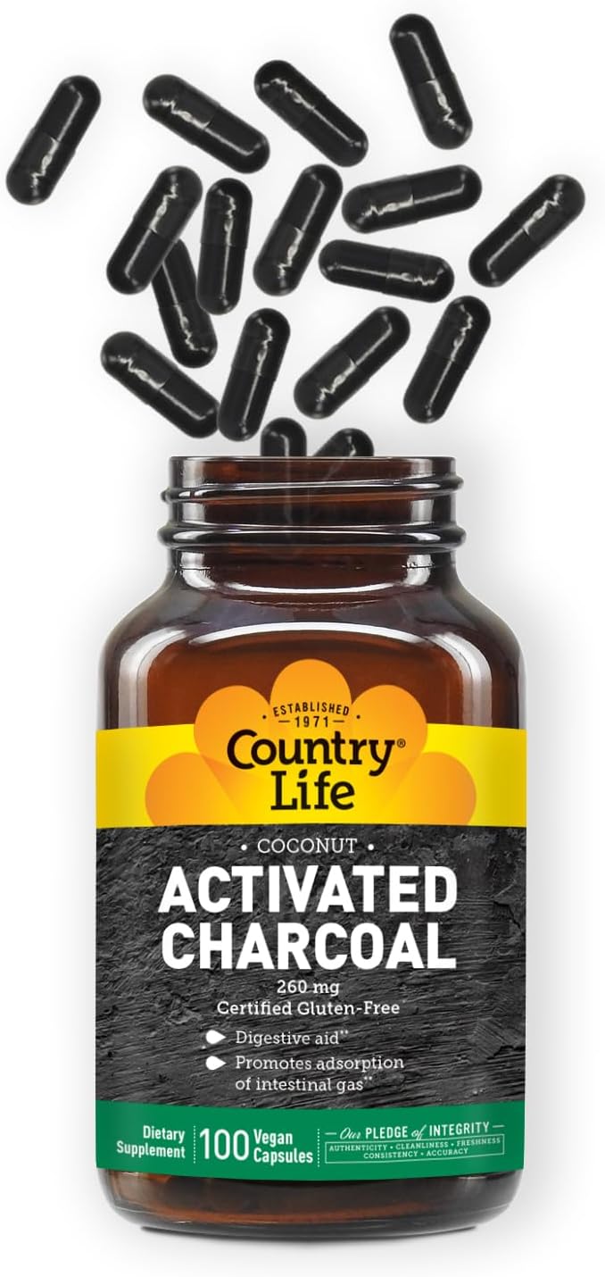 Country Life Activated Charcoal Capsules, 260mg – Natural Charcoal Supplement for Gas and Bloating Relief - Organic Coconut Charcoal, Gluten-Free, Non-GMO, 100 Vegan Capsules