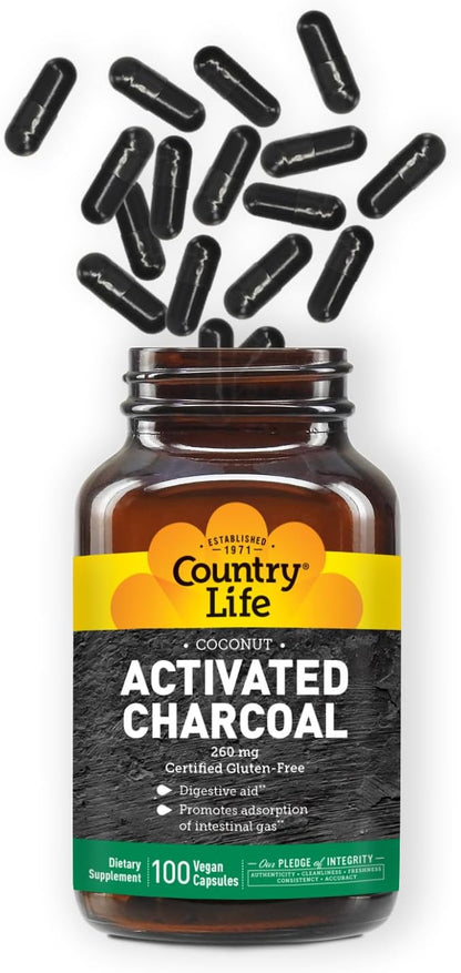 Country Life Activated Charcoal Capsules, 260mg – Natural Charcoal Supplement for Gas and Bloating Relief - Organic Coconut Charcoal, Gluten-Free, Non-GMO, 100 Vegan Capsules