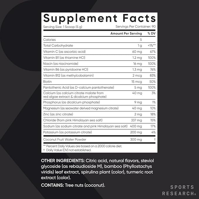 Sports Research Hydrate Electrolytes Powder - Sugar-Free & Naturally Flavored with Vitamins, Minerals, and Coconut Water - Supports Hydration - Lemon Lime