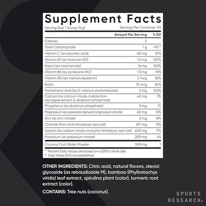 Sports Research Hydrate Electrolytes Powder - Sugar-Free & Naturally Flavored with Vitamins, Minerals, and Coconut Water - Supports Hydration - Lemon Lime