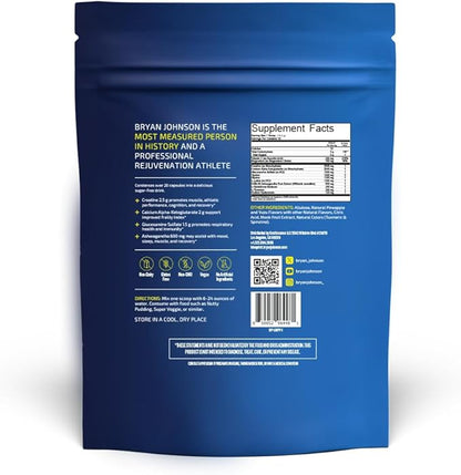 Blueprint Bryan Johnson Longevity Mix - Muscle Builder & Recovery Supplement - Promotes Focus and Stress Relief - Creatine, Ashwagandha, L-Theanine, Calcium - Vegan, Keto Friendly (Pineapple Yuzu)