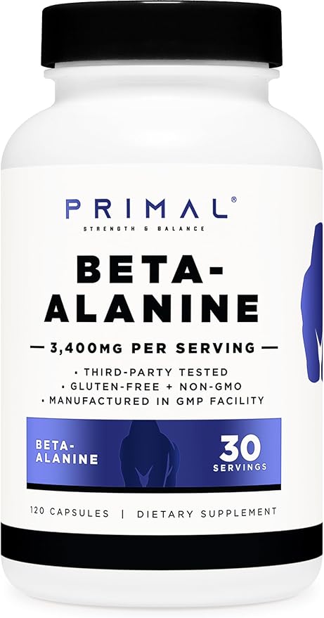 Primal Beta-Alanine Capsules 3400mg (30 Servings, 120 Capsules) - Supplement, Gluten-Free & Non-GMO, 850mg Per Cap