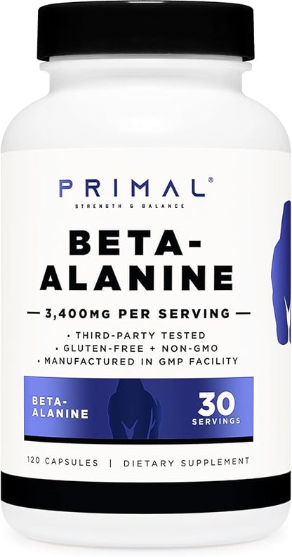 Primal Beta-Alanine Capsules 3400mg (30 Servings, 120 Capsules) - Supplement, Gluten-Free & Non-GMO, 850mg Per Cap