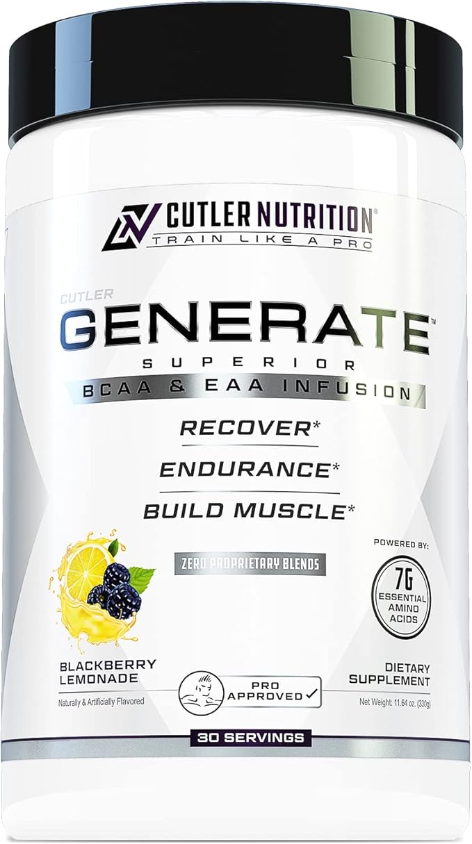Generate EAA and BCAA Powder: Best Post Workout Recovery Drink and Branched Chain Amino Acids Supplement with Essential Amino Acids, 5g BCAAs, 2g EAAs | BlackBerry Lemonade, 30 Servings