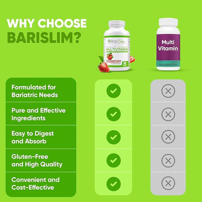 BariSlim Chewable Bariatric Multivitamin - 45mg Iron - Tailored for Post Bariatric Surgery, Including Gastric Bypass & Gastric Sleeve - Support Your Recovery Journey | Strawberry Flavor