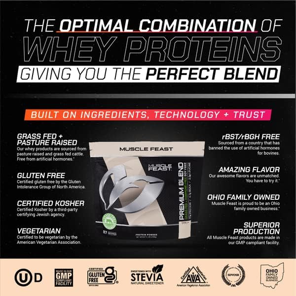 Muscle Feast Grass Fed Premium Blend Whey Protein, Hydrolyzed Whey, Isolate, Micellar Casein, Kosher Certified, 21g Protein, 100 Calories (Vanilla, 5lb)