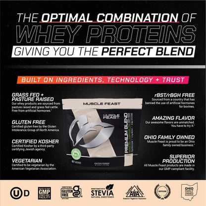 Muscle Feast Grass Fed Premium Blend Whey Protein, Hydrolyzed Whey, Isolate, Micellar Casein, Kosher Certified, 21g Protein, 100 Calories (Vanilla, 5lb)