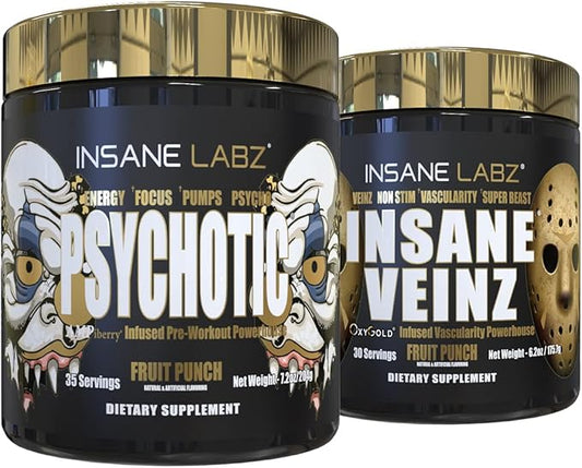 Insane Labz Psychotic Gold and Insane Veinz Gold Pre Workout Nitric Oxide Booster Stack, Increase Muscle Mass, Vascularity, Strength, Energy, Focus, Fruit Punch