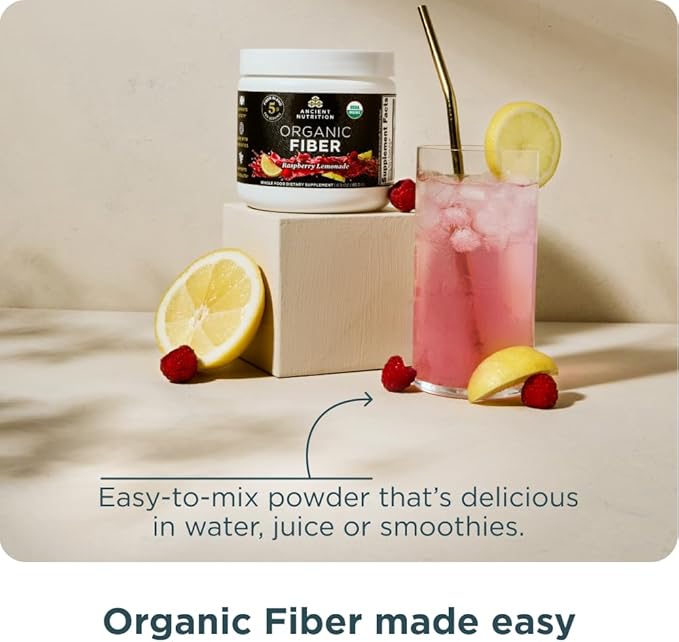 Ancient Nutrition Organic Fiber Powder, Raspberry Lemonade, Soluble Fiber from Acacia & Konjac Root, Supports Digestive Health, Reduces Bloating, 6.5 oz
