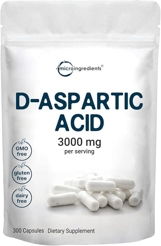 Micro Ingredients D Aspartic Acid Pills, DAA Supplement, 3000mg Per Serving, 300 Capsules, Premium D Aspartic Acid, Non-GMO