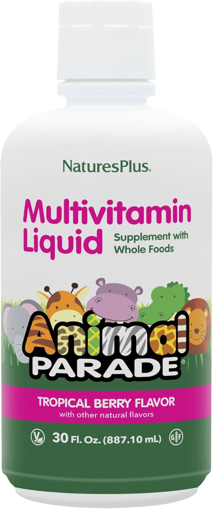 Natures Plus Animal Parade Source of Life Children's Liquid Multivitamin - Tropical Berry Flavor - 30 fl oz - Whole Food Supplement - Vegetarian, Gluten-Free - 60 Servings