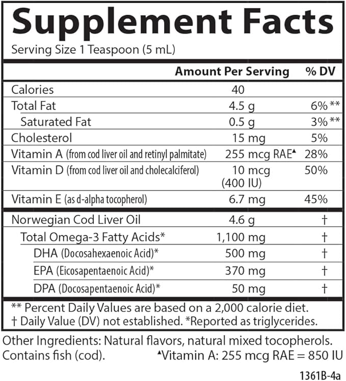 Carlson - Cod Liver Oil, Omega-3s EPA & DHA, Heart, Brain, Vision & Joint Health, Norwegian, Fruit Splash, 250 ml