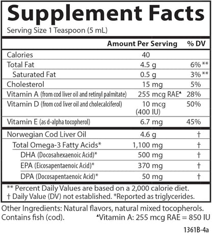 Carlson - Cod Liver Oil, Omega-3s EPA & DHA, Heart, Brain, Vision & Joint Health, Norwegian, Fruit Splash, 250 ml
