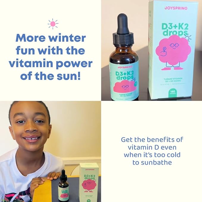 JoySpring Vitamin D3 Kids Drops with Vitamin K2 |180 Servings (1 fl oz)| Vitamin D Toddler Liquid Supplement | Children's Vitamin D Calcium Absorption & Joint Health Support | Vitamin D Kids Ages 3-18