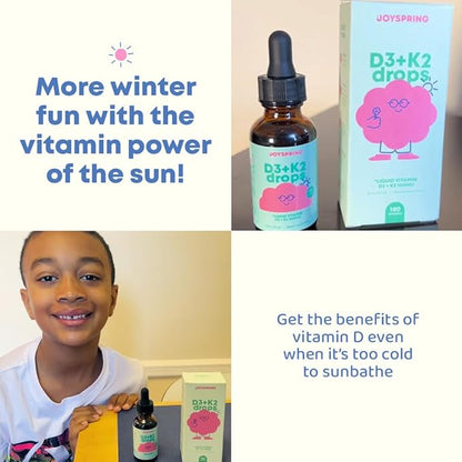 JoySpring Vitamin D3 Kids Drops with Vitamin K2 |180 Servings (1 fl oz)| Vitamin D Toddler Liquid Supplement | Children's Vitamin D Calcium Absorption & Joint Health Support | Vitamin D Kids Ages 3-18