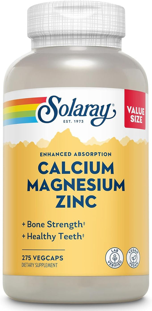SOLARAY Calcium Magnesium Zinc Supplement - with Calcium 1000mg, Magnesium 500mg - Bone Health, Muscle Function, Heart Health and Immune Support - Vegan, 60 Day Guarantee, 68 Servings, 275 VegCaps