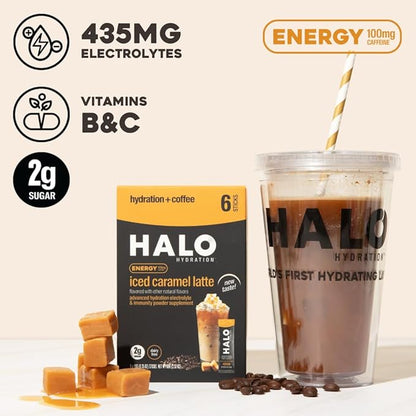 HALO Iced Caramel Latte - Energy Drink Powder – Healthy Coffee Mix for Hydration with Electrolytes, Caffeine, Vitamins and Minerals - 20 Calories - Keto and Low Calorie - 1 x 12 Sticks