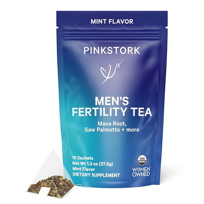Blue Stork Men's Fertility Tea: Organic Fertility Supplements for Men, Green Tea, Maca Root, and Ginkgo Biloba for Male Reproductive Health, Mint, 15 Sachets