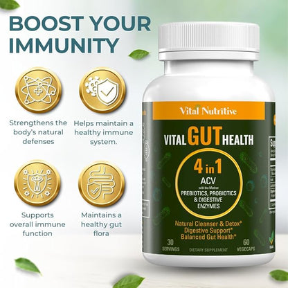Vital Gut Health 4in1 Formula with Apple Cider Vinegar, Prebiotics & Probiotics, Digestive Enzymes for Strong Immunity Support and Complete Gut and Digestion Support