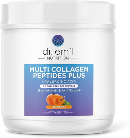 DR. EMIL NUTRITION Multi Collagen Peptides Plus - Pumpkin Flavor | 9g Collagen with Hyaluronic Acid for Skin, Hair, Nails & Joint Support | Non-GMO, Gluten-Free, 10.7 oz