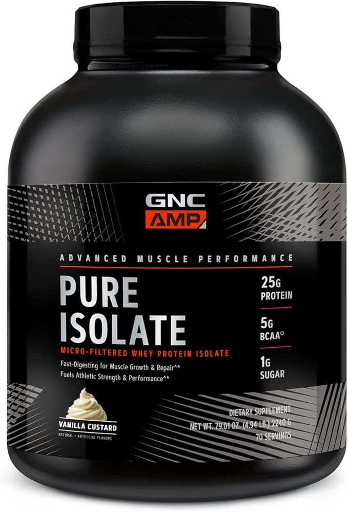 GNC AMP Pure Isolate Protein Powder| 25g Whey Protein Isolate with 5g BCAA | Fuels Athletic Strength, Performance, and Muscle Growth | Vanilla Custard | 70 Servings