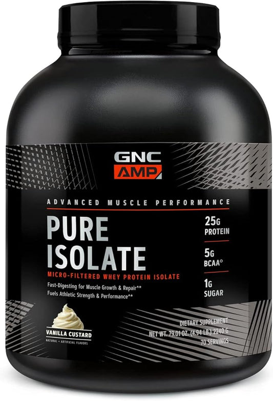 GNC AMP Pure Isolate Protein Powder| 25g Whey Protein Isolate with 5g BCAA | Fuels Athletic Strength, Performance, and Muscle Growth | Vanilla Custard | 70 Servings