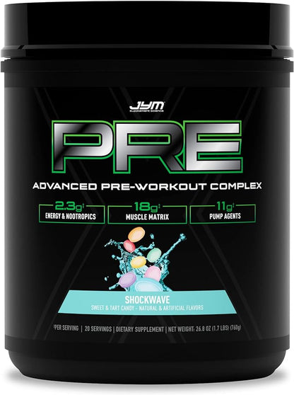 Pre JYM X Shockwave Advanced Pre-Workout Powder Massive Pumps, Citrulline Nitrate, Dynamine, NO3T Betaine, BCAA’s, Nootropics, Creatine, Beta-Alanine, JYM Supplement Science, 20 Servings