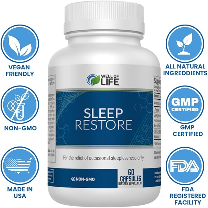 Sleep Restore - Tranquil Sleep Formula with L-Theanine, GABA, 5-HTP, Magnesium, Melatonin & More - 60 Veg Capsules for Deep, Refreshing Sleep & Overall Well-Being