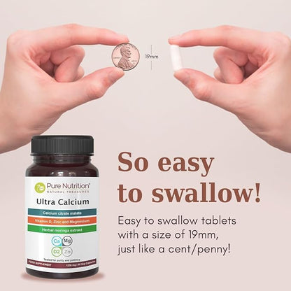 Pure Nutrition Ultra Calcium Citrate Malate | 1000mg Highly absorbable Calcium Supplement with Calcium Citrate Malate, Vitamin D3, Zinc and Magnesium | Non-GMO | Gluten-Free | 90 Veg Tabs-(Pack of 3)