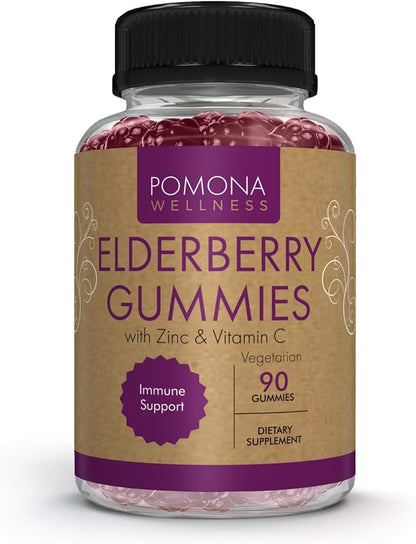 Pomona Wellness Elderberry Gummies with Zinc and Vitamin C for Immune Support 3-1 Chewable Black Elderberry Gummy Supplement for Kids and Adults, Vegan, 90 Gummies