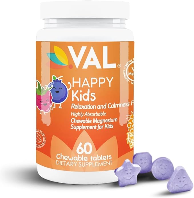 VAL Chewable Magnesium for Kids, Relaxation and Calm Formula, Glycinate, Citrate, Taurate, Vitamin B6, D, C, Natural Blueberry Flavor, Sugar Free, Gluten Free, Non-GMO, 60 Chewable Tablets