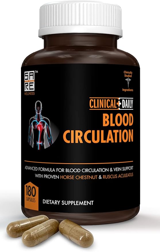 Clinical Daily Blood Circulation Supplements. Butchers Broom, Horse Chestnut, Hawthorn, Cayenne, Arginine, Diosmin Varicose Veins Treatment for Legs. Poor Circulation and Vein Support. 180 Capsules.
