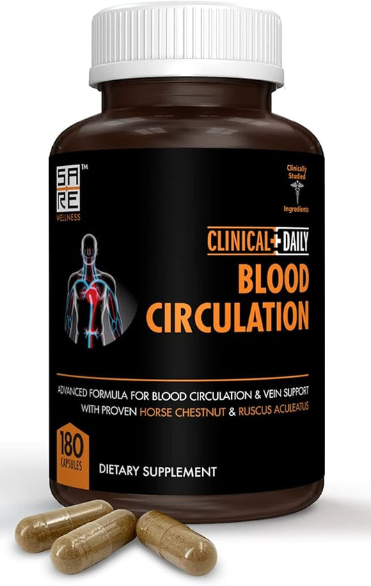 Clinical Daily Blood Circulation Supplements. Butchers Broom, Horse Chestnut, Hawthorn, Cayenne, Arginine, Diosmin Varicose Veins Treatment for Legs. Poor Circulation and Vein Support. 180 Capsules.