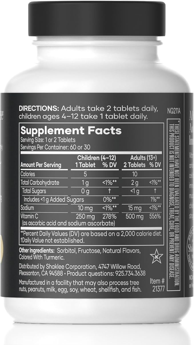 Shaklee - Chewable Vita-C 250mg - Cellular Support and Immune Boost - Lemon Flavored Vitamin C Chewable Tablets for Easy Consumption - Ideal for Children and Adults - 60 Tablets