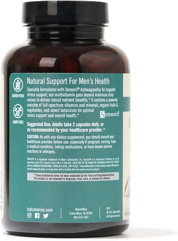 NatureWise Multivitamin for Men + Stress Support + Fulvic Ionic Minerals + Probiotics for Immunity, Male Health, Digestion + Whole Organic Foods - Vegetarian, Non-GMO - 60 Capsules[1-Month Supply]