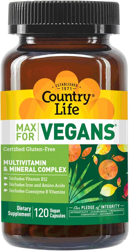 Country Life Max for Vegans - 120 Vegan Capsules - Daily Multivitamins for Men - Immune Support Supplement - Contains Vitamin B12, Iron, Amino Acids, Coenzyme B Vitamins - Gluten-Free