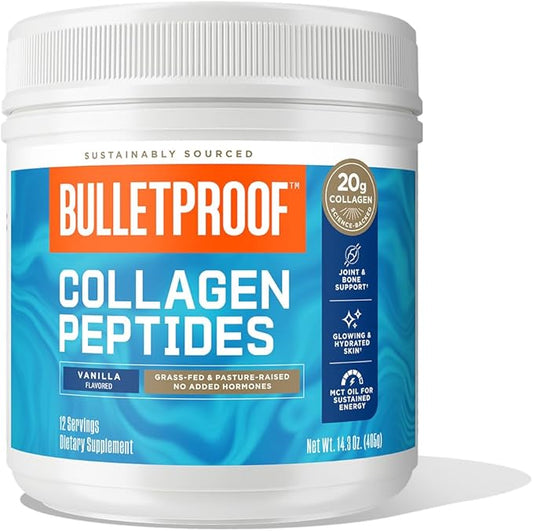 Bulletproof Vanilla Collagen Peptides Powder with MCT Oil, 14.3 Ounces, Grass-Fed Collagen Protein for Skin, Bone and Joint Support, Pasture Raised, No Added Hormones
