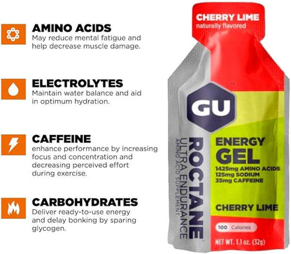 GU Energy Roctane Ultra Endurance Energy Gel, Vegan, Gluten-Free, Kosher, and Dairy-Free On-The-Go Sports Nutrition for Running, Biking, Hiking or Skiing, 24-Count, Cherry Lime