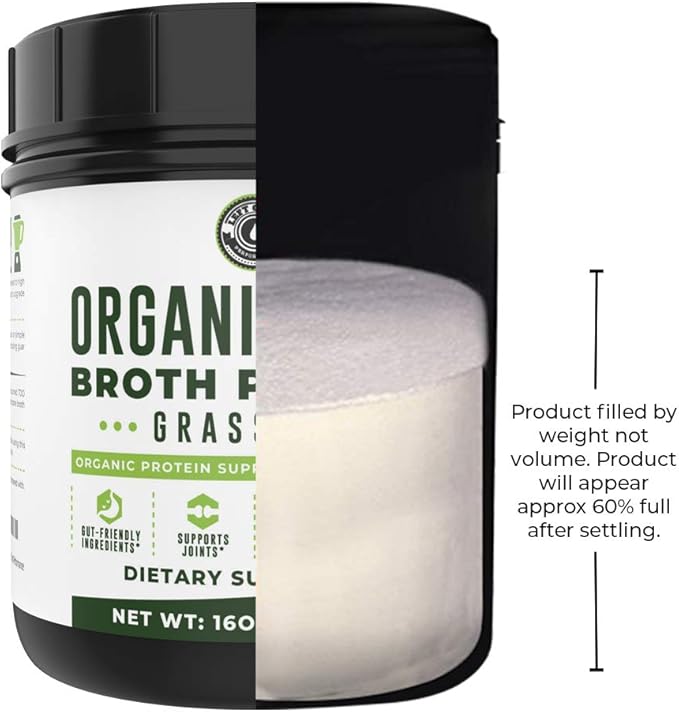 16oz Organic Bone Broth Protein Powder From Grass Fed Beef - USDA Certified Organic, Single Ingredient, Rich in Collagen, Glucosamine, No Additives, Perfect for Carnivore, Paleo, and Keto Diets