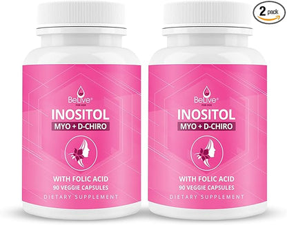 BeLive Myo-Inositol & D-Chiro Inositol Capsules - 90Ct I Inositol Supplement with Folic Acid Supplements for Woman, Optimal 40:1 Ratio - 2 Pack