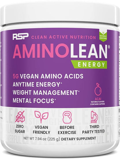 RSP AminoLean - All-in-One Natural Pre Workout, Amino Energy, Weight Management - Vegan BCAAs, Preworkout for Men & Women, Acai, 25 Serv