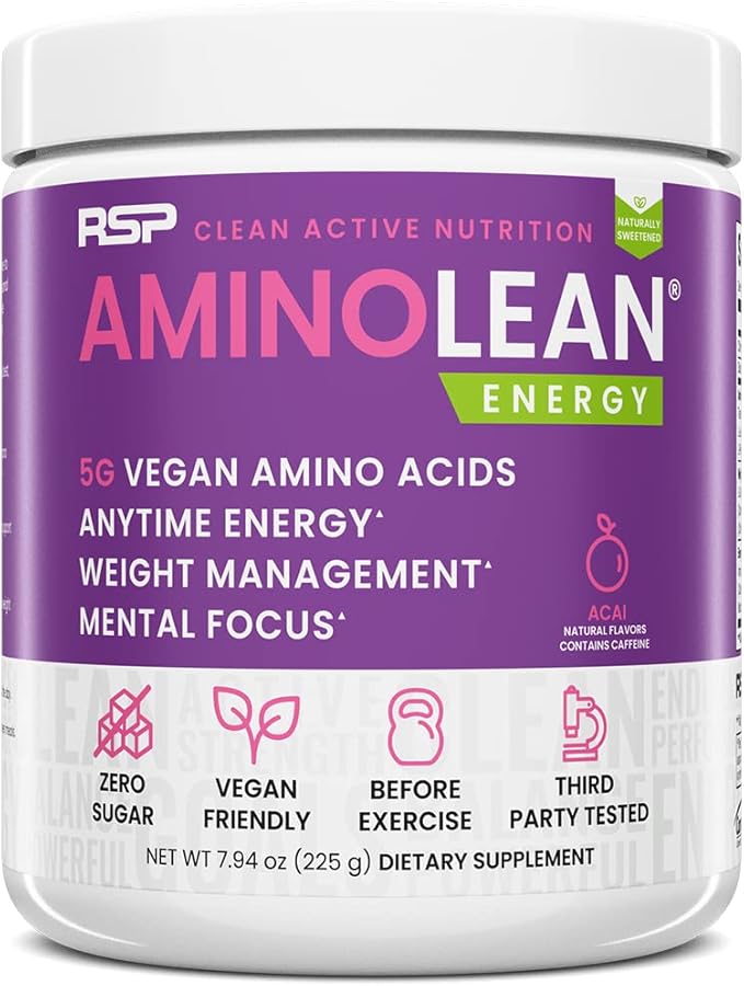 RSP AminoLean - All-in-One Natural Pre Workout, Amino Energy, Weight Management - Vegan BCAAs, Preworkout for Men & Women, Acai, 25 Serv