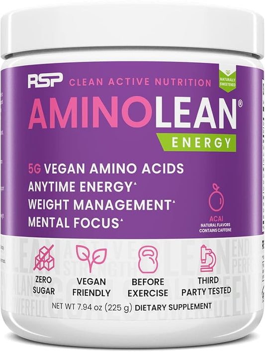 RSP AminoLean - All-in-One Natural Pre Workout, Amino Energy, Weight Management - Vegan BCAAs, Preworkout for Men & Women, Acai, 25 Serv
