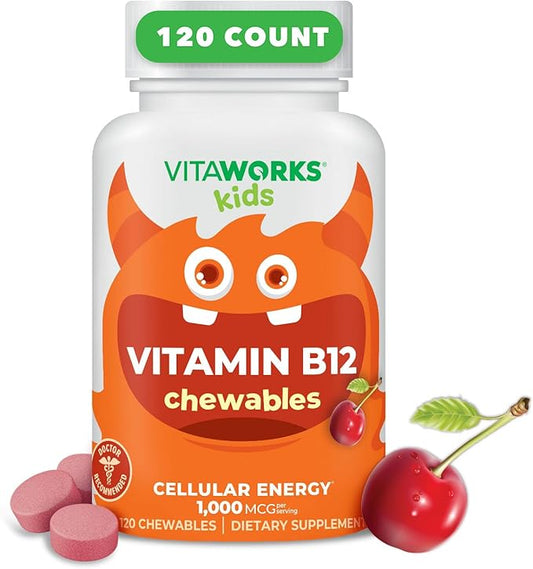 Kids Vitamin B12 1000 mcg Chewable Tablets - Tasty Natural Cherry Flavor - Vegan, GMO-Free, Gluten Free, Nut Free - Dietary Supplement - Cellular Energy Vitamins for Children - 120 Chewables